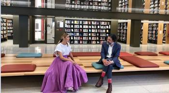 Stavros Niarchos Foundation Chief Programs and Strategic Initiatives Officer Stelios Vassilakis talks with journalist Ina Tarantou at the New York Public Library’s Stavros Niarchos Foundation Library
